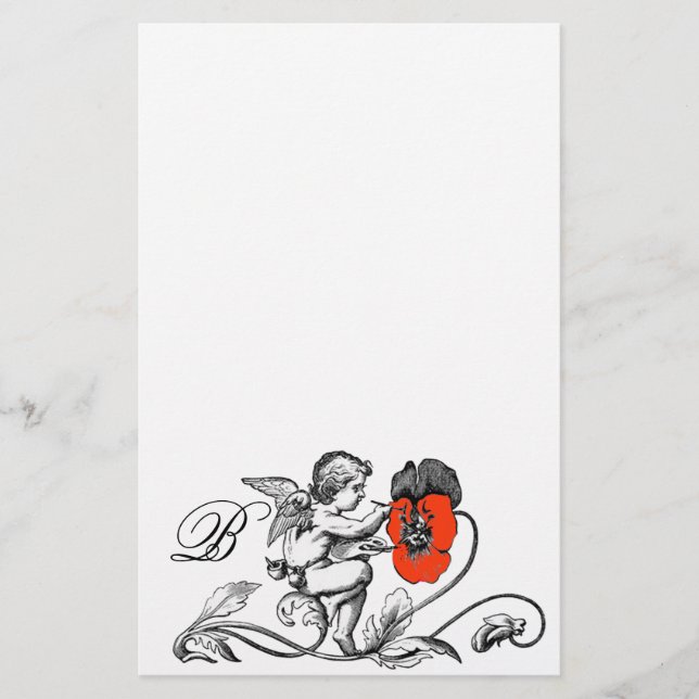 ANGEL PAINTING A RED FLOWER MONOGRAM STATIONERY (Front)
