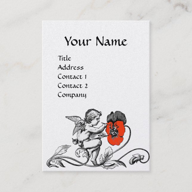 ANGEL PAINTING A RED FLOWER MONOGRAM White Pearl Business Card (Front)