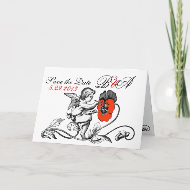 ANGEL PAINTING A RED FLOWER SAVE THE DATE MONOGRAM ANNOUNCEMENT (Front)