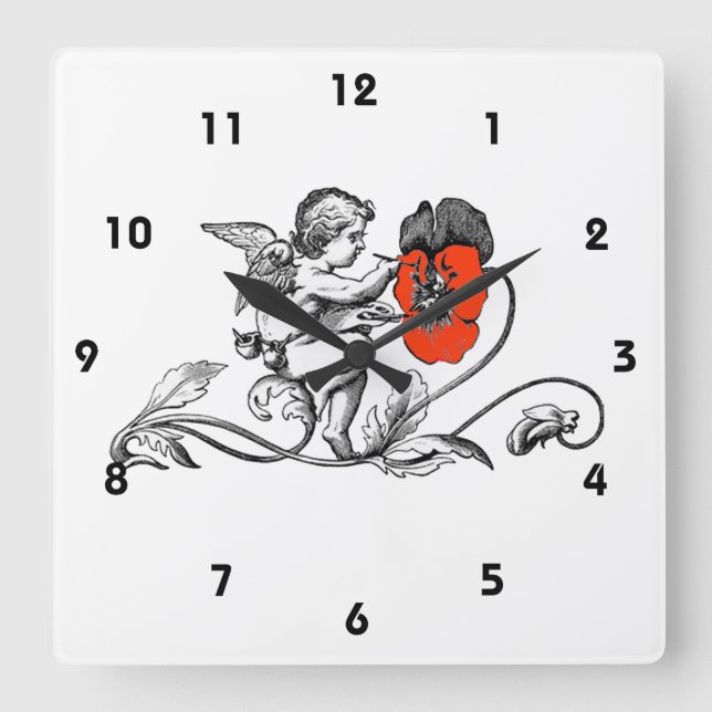 Angel Painting A Red Flower Square Wall Clock (Front)
