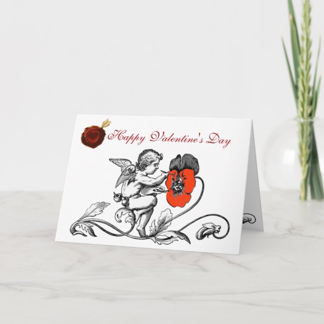 ANGEL PAINTING RED FLOWER VALENTINE'S DAY WAX SEAL HOLIDAY CARD (Front)