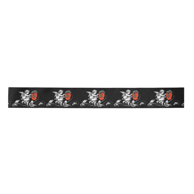 ANGEL PAINTING RED FLOWERS Black White Christmas Satin Ribbon (Front)