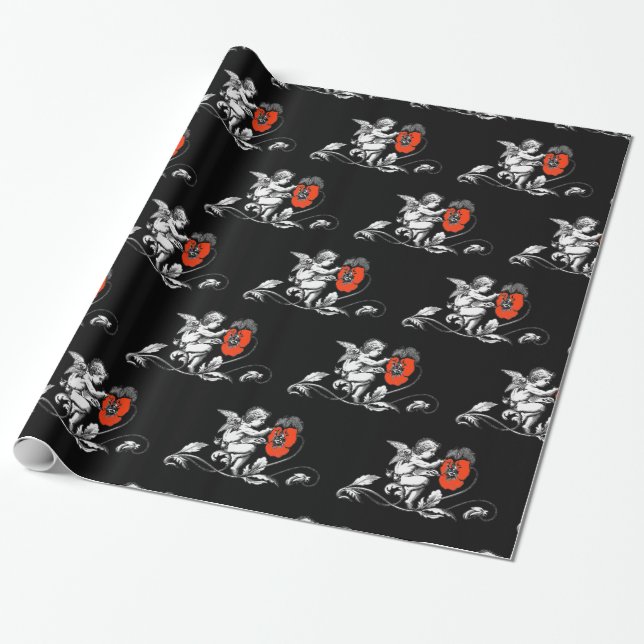 ANGEL PAINTING RED FLOWERS Black White Christmas  Wrapping Paper (Unrolled)