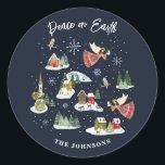 Angel Peace on Earth Christmas Classic Round Sticker<br><div class="desc">A cheerful Folk art Christmas illustration featuring a Christmas angel of peace on earth with a white dove. She flies above a winter mountain village with coloured houses, Christmas trees forest and animals running around in the snow, snowflakes swirl down. Place for a message and your personalised custom name. Hand...</div>