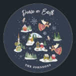 Angel Peace on Earth Christmas Classic Round Sticker<br><div class="desc">A cheerful Folk art Christmas illustration featuring a Christmas angel of peace on earth with a white dove. She flies above a winter mountain village with coloured houses, Christmas trees forest and animals running around in the snow, snowflakes swirl down. Place for a message and your personalised custom name. Hand...</div>