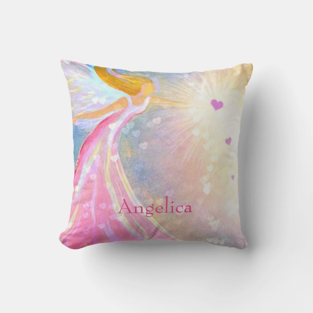Angel Pink Blue Watercolor Heart Monogram Cushion (Front)