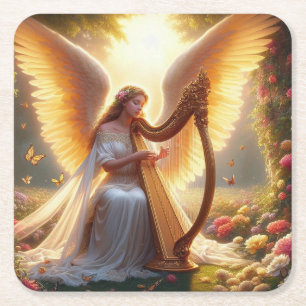 Angel Playing a Harp with Flowers & Butterflies Square Paper Coaster