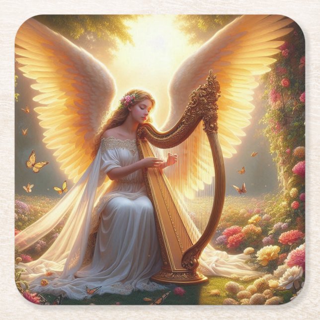 Angel Playing a Harp with Flowers & Butterflies Square Paper Coaster (Front)