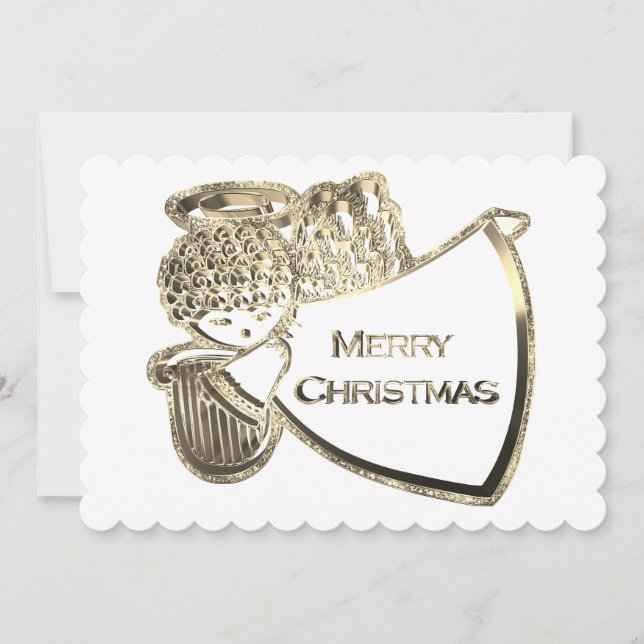 Angel Playing Harp Elegant Gold White Christmas Holiday Card (Front)