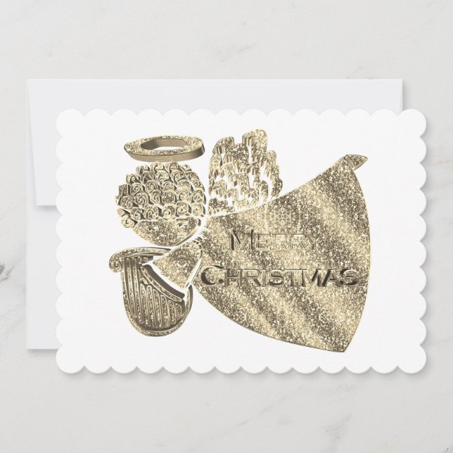 Angel Playing Harp Elegant Gold White Christmas Holiday Card (Front)