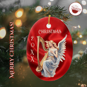 Angel Playing Harp on Red Silk Christmas Ornament 