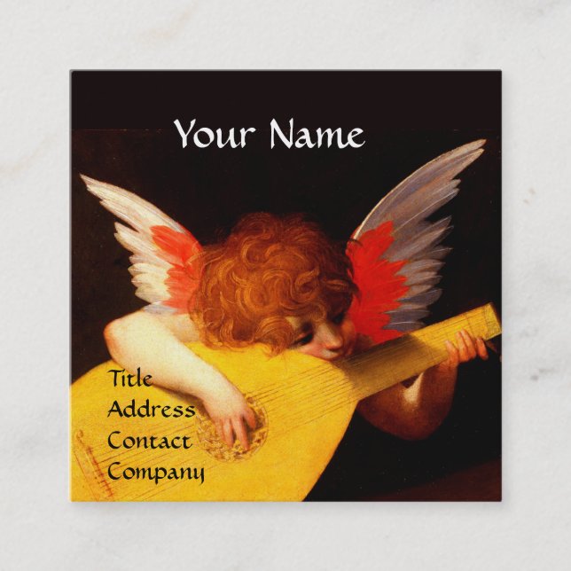 ANGEL PLAYING LUTE  Music Making Cherub Monogram Square Business Card (Front)