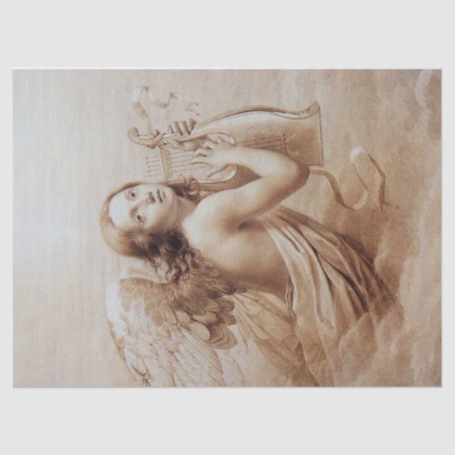 ANGEL PLAYING LYRA OVER CLOUDS Brown Sepia Xmas Tissue Paper (Front)