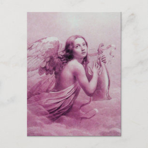 ANGEL PLAYING LYRA OVER THE CLOUDS, Antique Pink Postcard