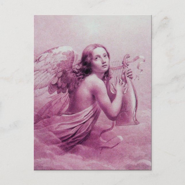 ANGEL PLAYING LYRA OVER THE CLOUDS, Antique Pink Postcard (Front)