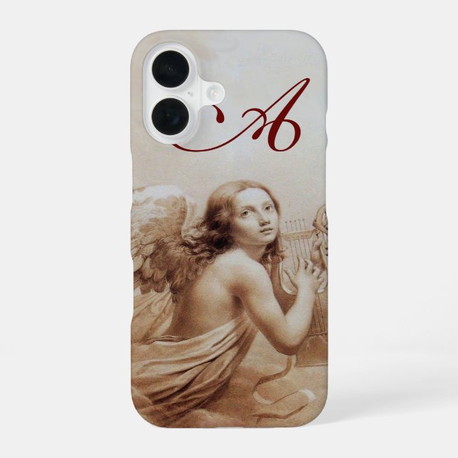 ANGEL PLAYING LYRA OVER THE CLOUDS brown monogram iPhone 16 Case (Back)