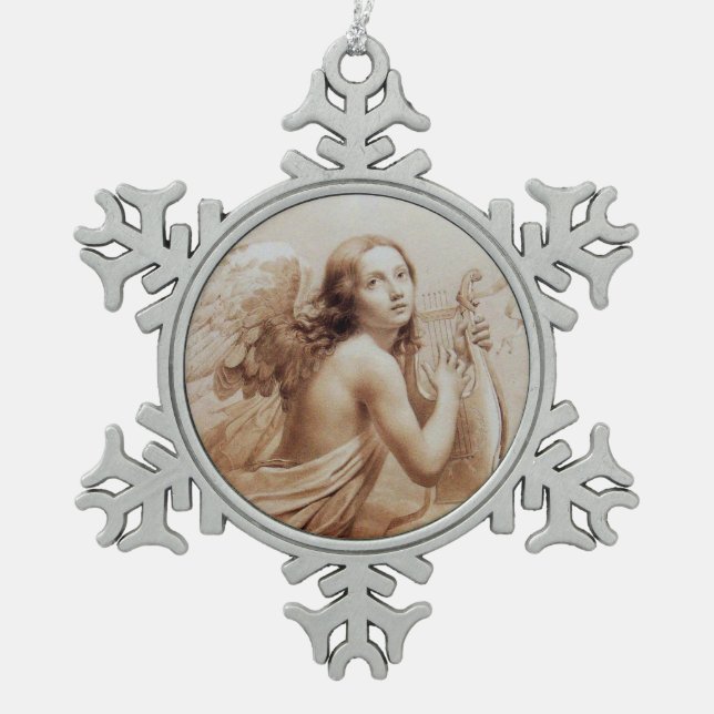 ANGEL PLAYING LYRA OVER THE CLOUDS brown Snowflake Pewter Christmas Ornament (Front)