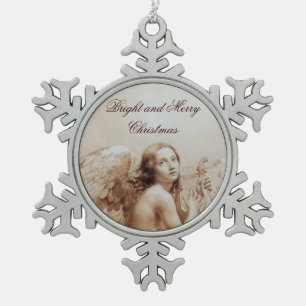 ANGEL PLAYING LYRA OVER THE CLOUDS Brown Snowflake Pewter Christmas Ornament