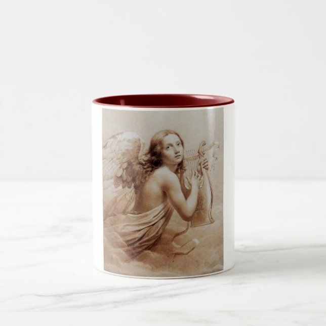ANGEL PLAYING LYRA OVER THE CLOUDS brown Two-Tone Coffee Mug (Center)