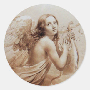 ANGEL PLAYING LYRA OVER THE CLOUDS CLASSIC ROUND STICKER