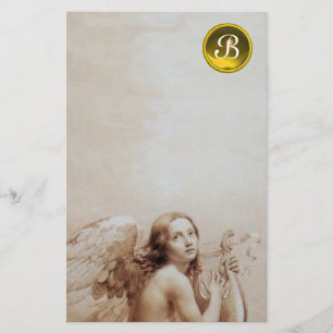 ANGEL PLAYING LYRA OVER THE CLOUDS ,GEM MONOGRAM STATIONERY