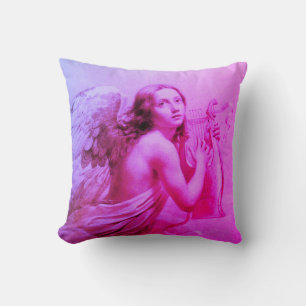 ANGEL PLAYING LYRA OVER THE CLOUDS Pink Blue Cushion