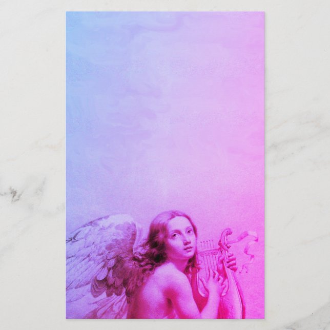 ANGEL PLAYING LYRA OVER THE CLOUDS Pink Blue Stationery (Front)