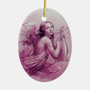 ANGEL PLAYING LYRA OVER THE CLOUDS pink Ceramic Tree Decoration