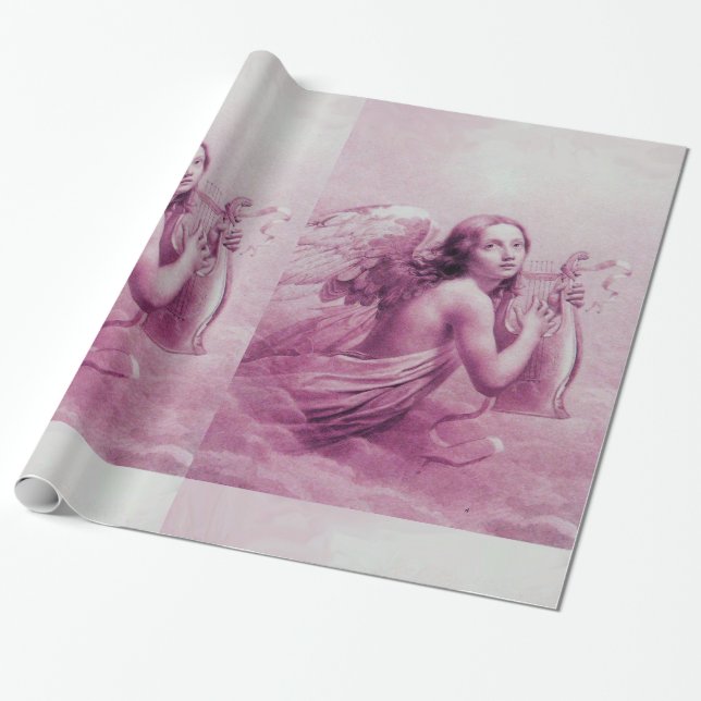 ANGEL PLAYING LYRA OVER THE CLOUDS Pink Fuchsia Wrapping Paper (Unrolled)
