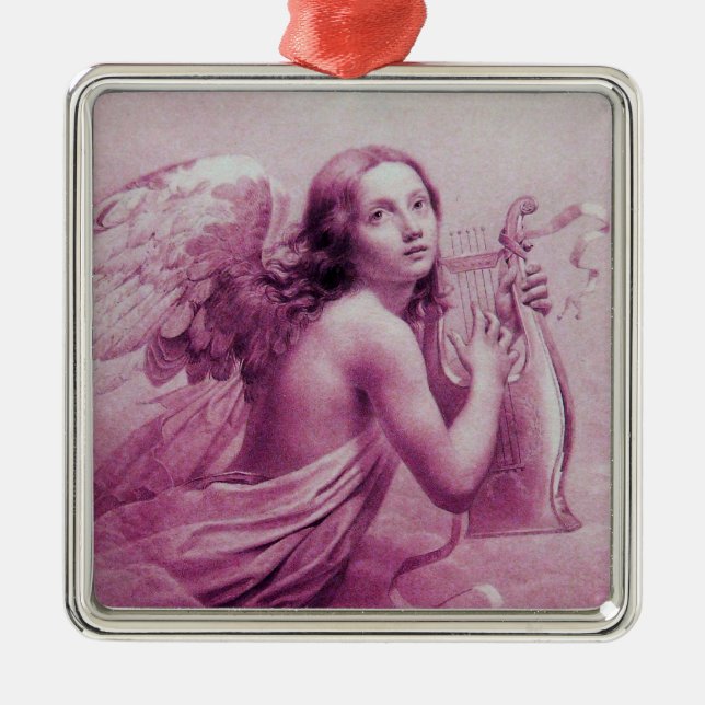 ANGEL PLAYING LYRA OVER THE CLOUDS ,Pink Metal Tree Decoration (Front)