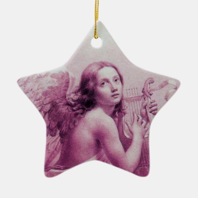 ANGEL PLAYING LYRA OVER THE CLOUDS Pink Star Ceramic Tree Decoration (Front)