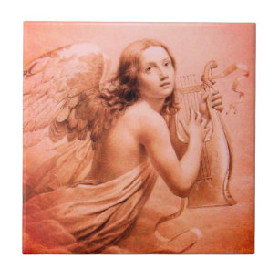 ANGEL PLAYING LYRA OVER THE CLOUDS Red Brown Tile