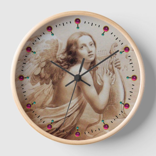 ANGEL PLAYING LYRA OVER THE CLOUDS Sepia Brown Clock (Front)