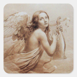 ANGEL PLAYING LYRA OVER THE CLOUDS SQUARE STICKER
