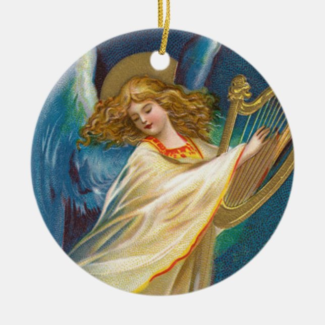 Angel Playing Music On A Harp Ceramic Tree Decoration (Front)