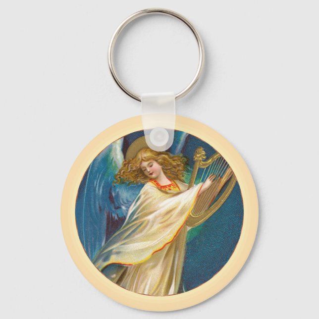 Angel Playing Music On A Harp Key Ring (Front)