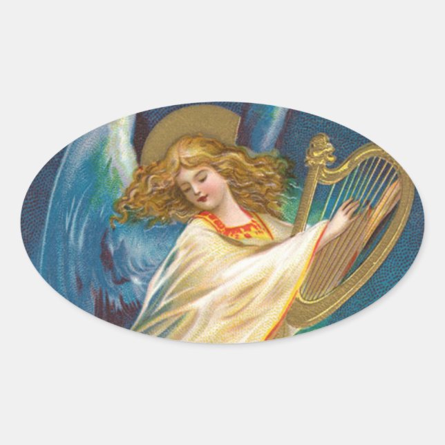 Angel Playing Music On A Harp Oval Sticker (Front)