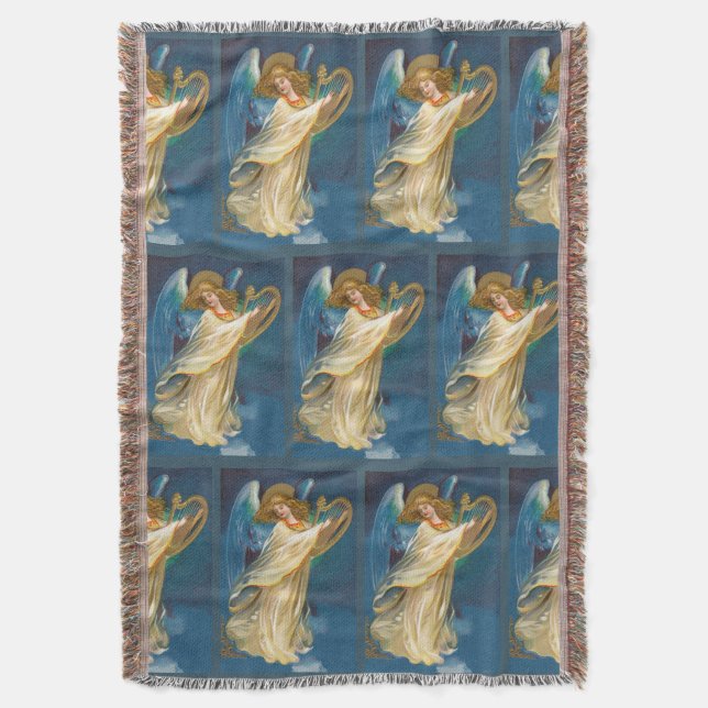 Angel Playing Music On A Harp Throw Blanket (Front Vertical)