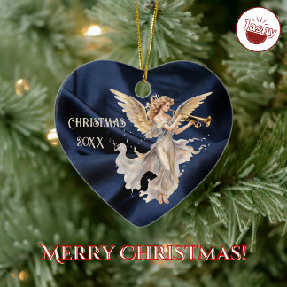 Angel Playing Trumpet Blue Heart Shaped Christmas Ceramic Tree Decoration