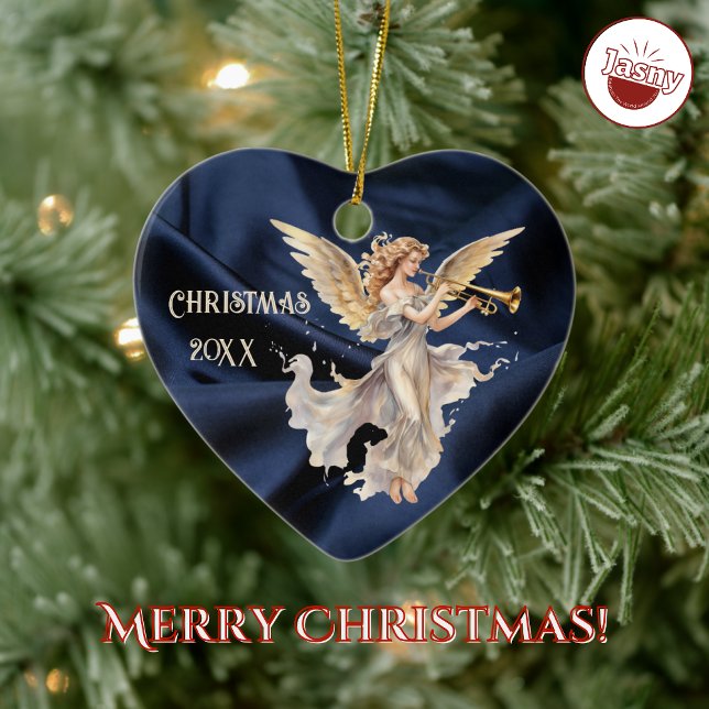 Angel Playing Trumpet Blue Heart Shaped Christmas Ceramic Tree Decoration (Creator Uploaded)