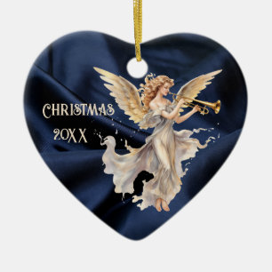 Angel Playing Trumpet Blue Heart Shaped Christmas Ceramic Tree Decoration