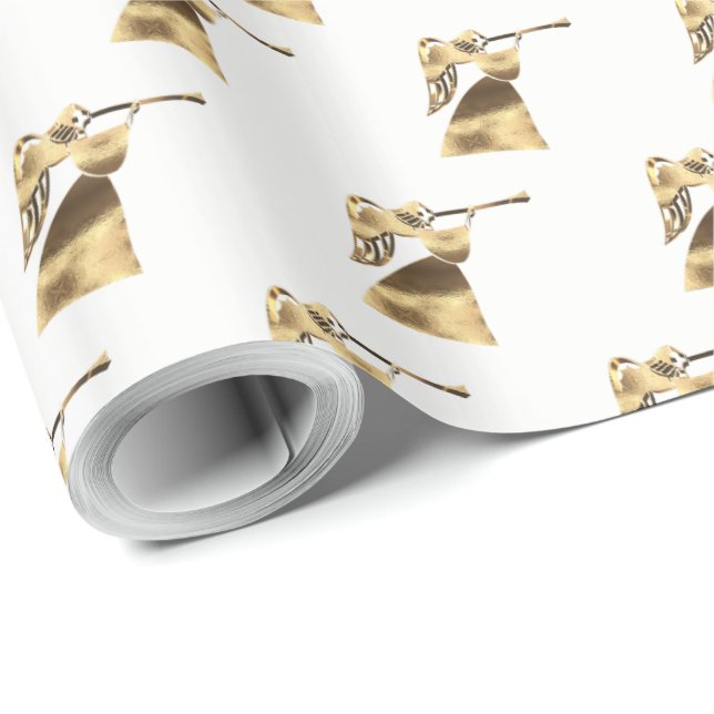 Angel playing Trumpet Gold White Christmas Wrapping Paper (Roll Corner)