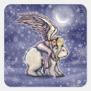 Angel riding Polar Bear Christmas Holiday Art Square Sticker