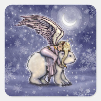 Angel riding Polar Bear Christmas Holiday Art Square Sticker