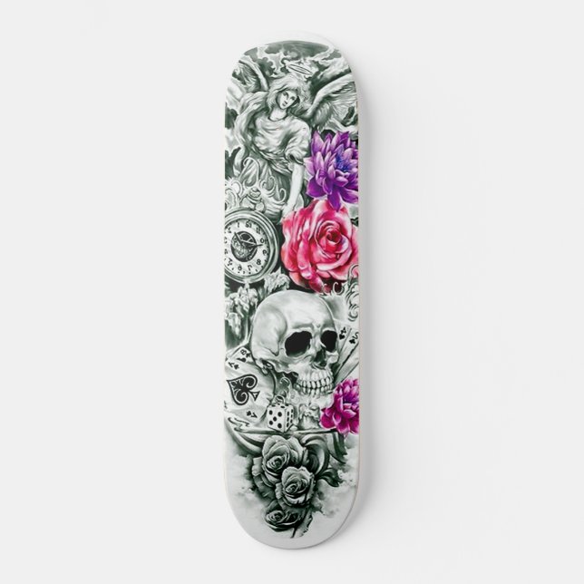 Angel Rose Flower Skull Cards Dice Clock Skateboard (Front)