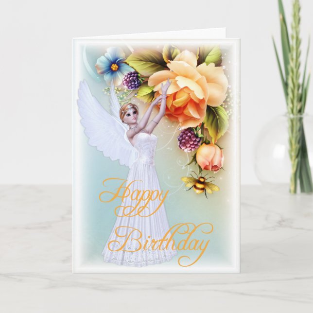 Angel & Roses Happy Birthday Greeting Card d1 (Front)