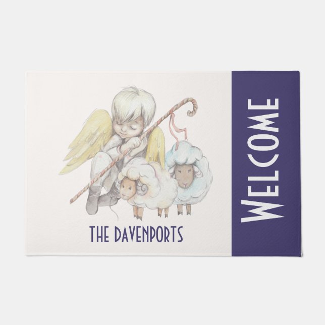Angel Shepherd with Lambs Pastoral Welcome Doormat (Front)