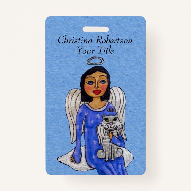 Angel Silver Halo Blue Dress Eyes White Angel Cat ID Badge (Front)