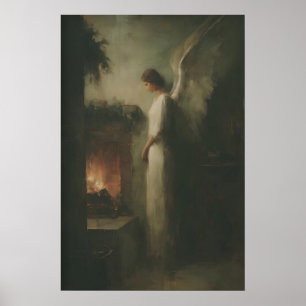 Angel Standing Beside Fireplace, Christian Wall Poster