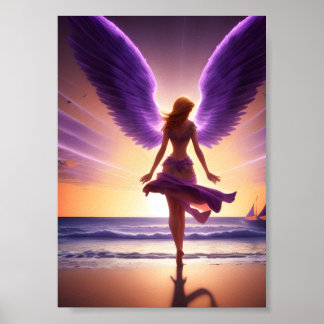 Angel standing on a beach, purple glowing wings poster